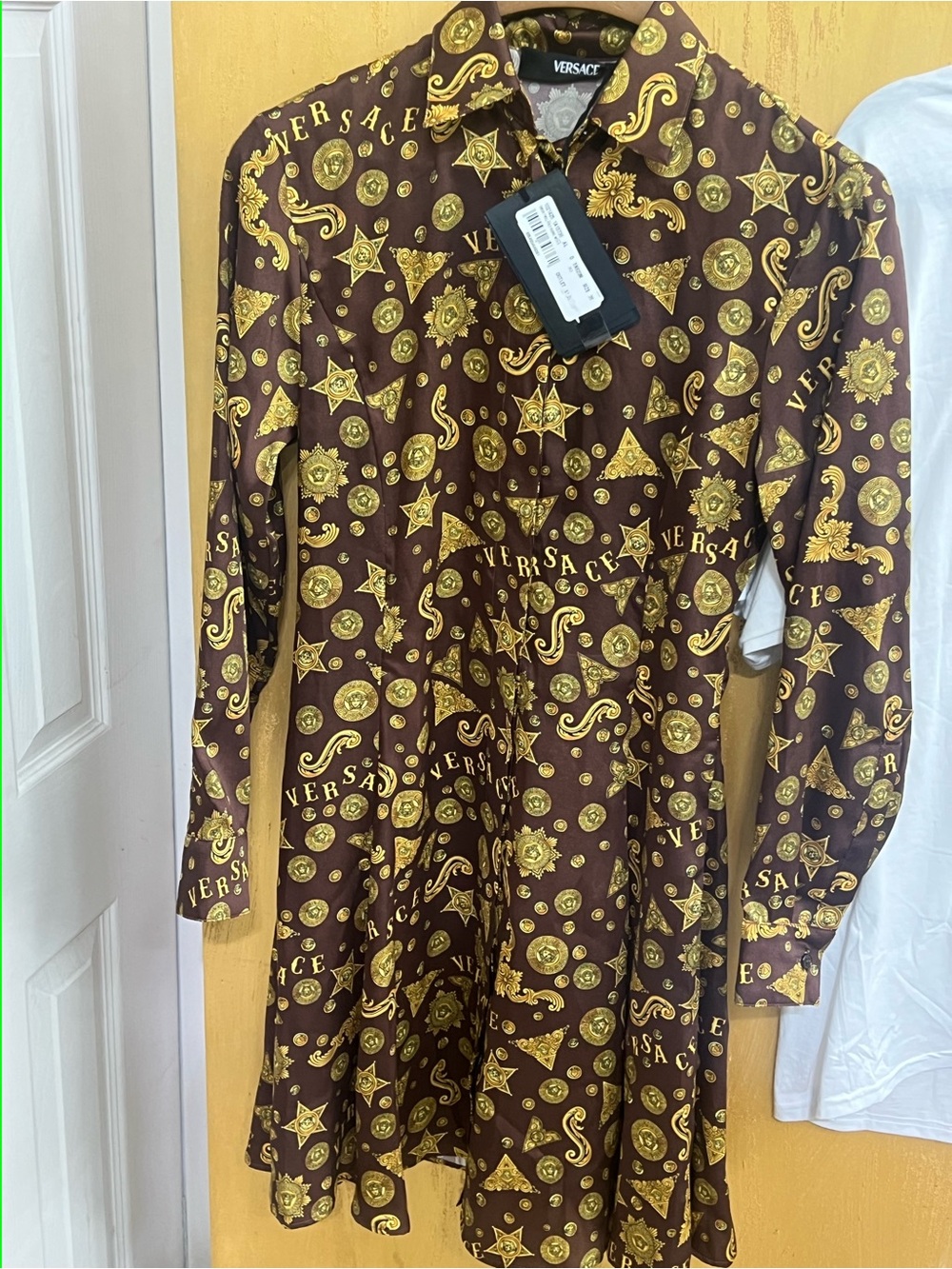 Versace Brown and Gold Baroque-Print Long Sleeve Dress